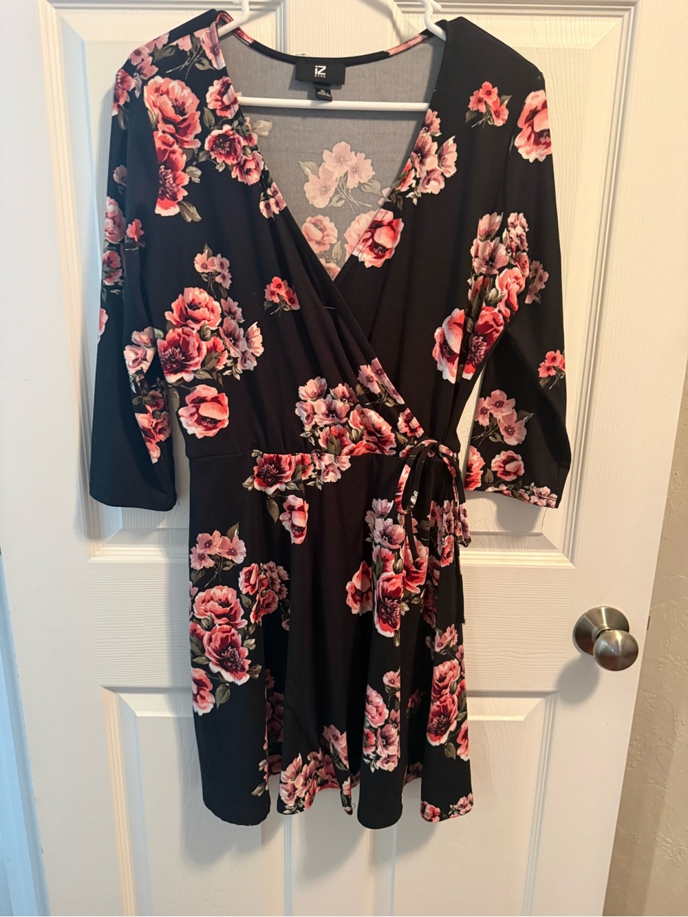 Floral Wrap Dress - Black with Pink Roses